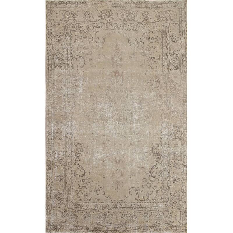 Hand Knotted Oriental 100% Wool Carpet Traditional Medallion Beige & Ivories Tabriz Area Rug - 9' 5'' X 6' 7''