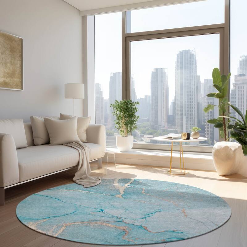 Machine Washable Indoor/ Outdoor Abstract Chantille Rug - Teal - 8' x 8'