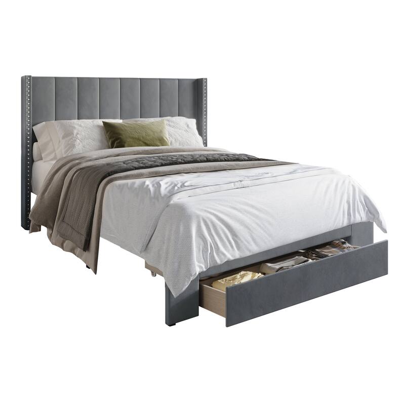 CraftPorch Velvet Wingback Tufted Upholstered Platform Storage Bed