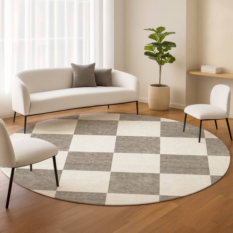 Machine Washable Indoor/ Outdoor Modern Checker Chantille Rug