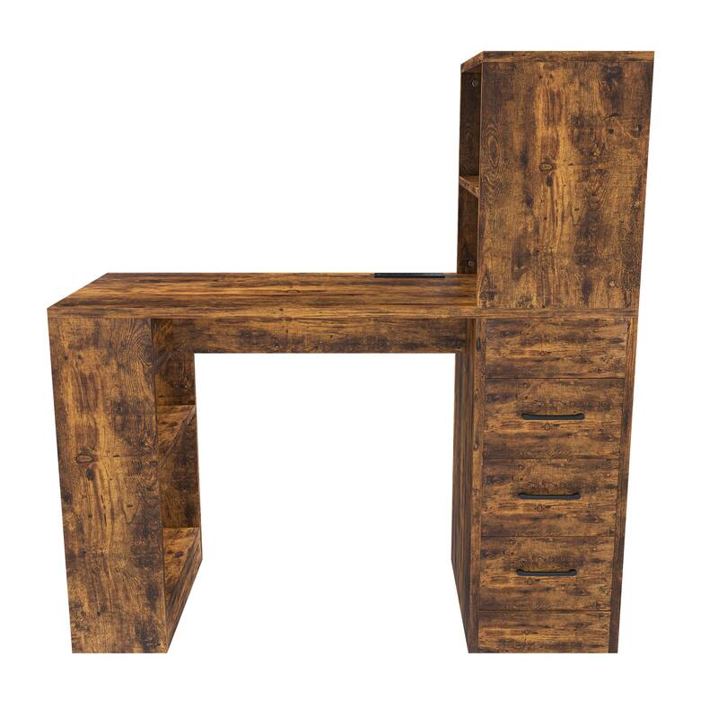Computer Desk with 4-in-1 Socket & 3 Drawers, 4-Tier Storage Shelves, Carbonized Wood Finish Laminate for Home Office, Study