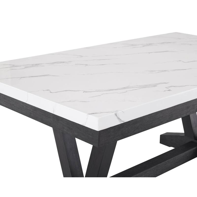 Vinz Dining Table, 72 Inch White Faux Marble Top, Black Trestle Base