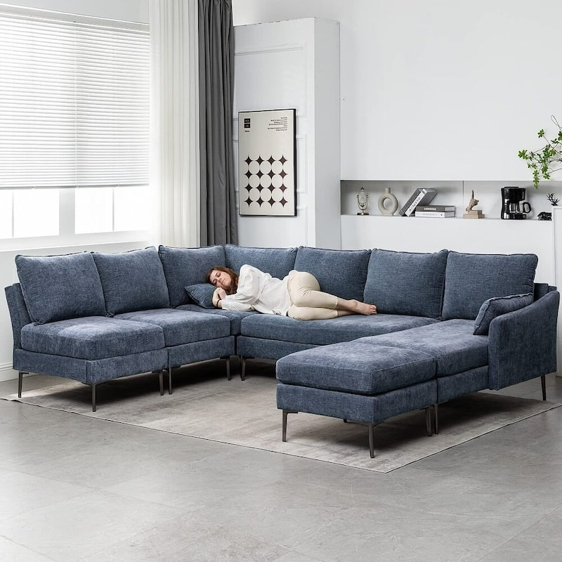 Modern Chenille Sectional Sofa with Reversible Chaise and Ottoman, Perfect for Living Rooms with Sleeper Function