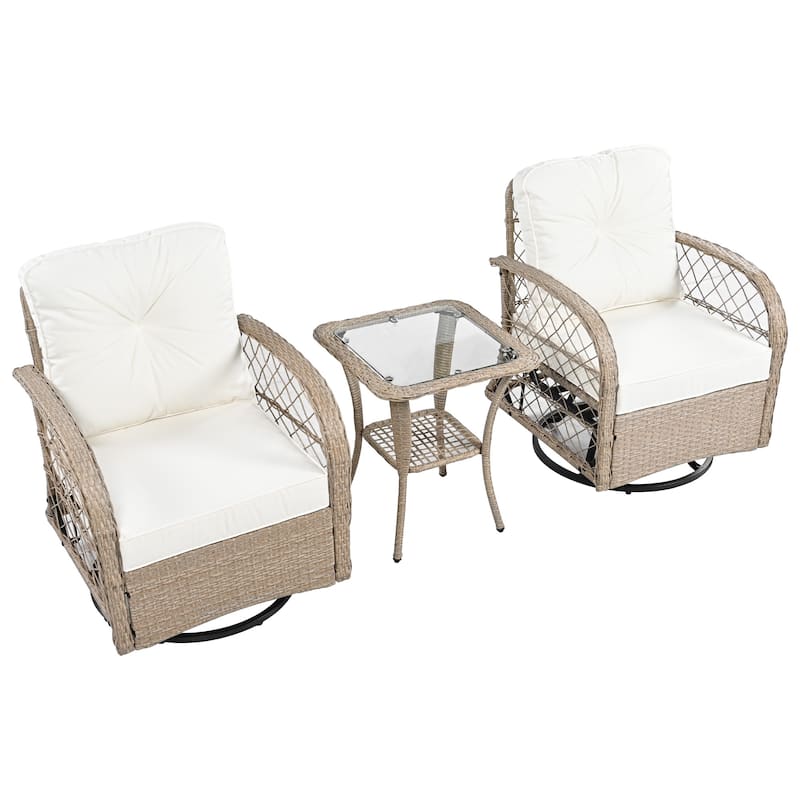 3-Piece Outdoor Chair Table Set Chat with Square Table & 2 Swiveling Chairs Set 2-person Rattan Seating Group for Garden
