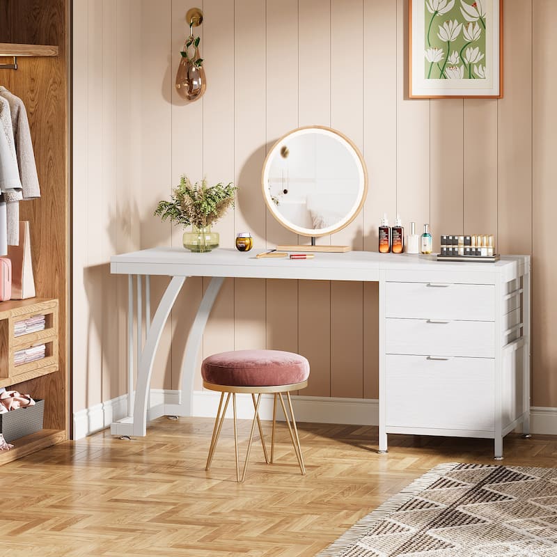 Vanity Desk with 3 Drawers, 59-Inch Large Dressing Table with Reversible Drawers, Chic Makeup Desk for Women Girls