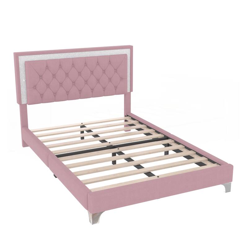 Full Size Upholstered Bed Frame with LED Lights