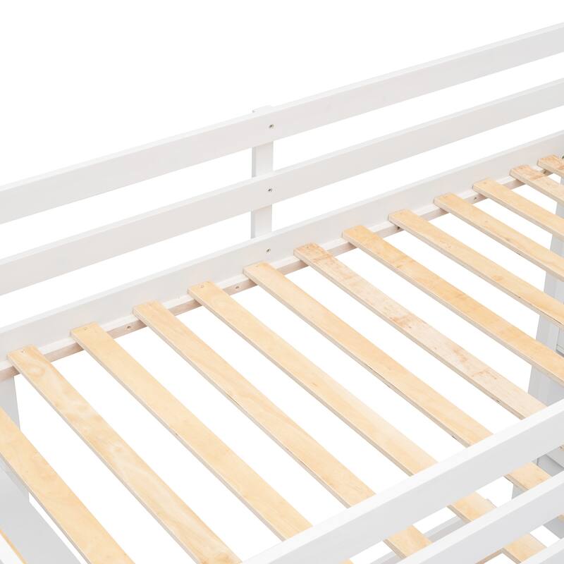 Space-Saving Twin Over Full Bunk Bed with Shelves, Drawers, and Storage Stairs in White