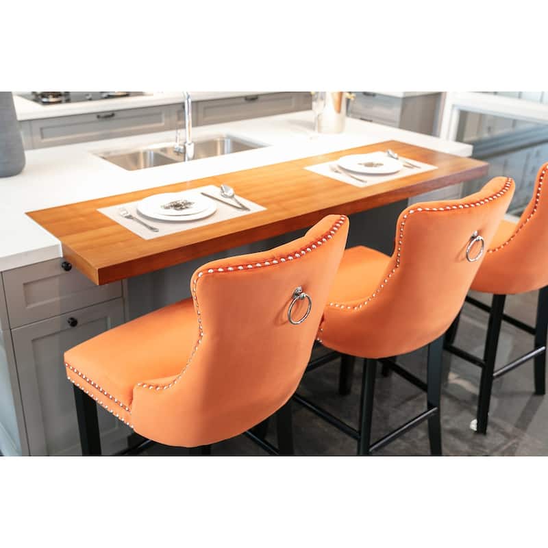 Velvet Bar Chairs Set of 2, Counter Height Bar Stools with Button Decor and Nailhead Trim, Dining Room Chairs with Back