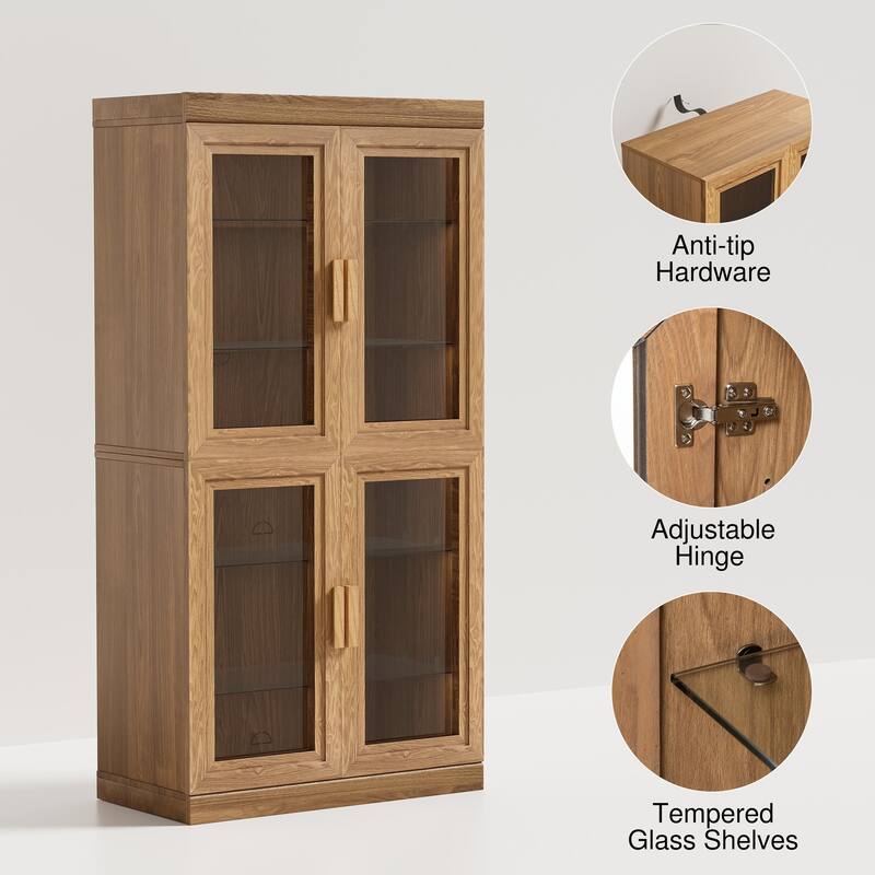 Wood Bookshelf Storage Cabinet with 2 Glass Door and Adjustable Shelf for Kitchen Bedroom Entryway Living Room Dinning Room