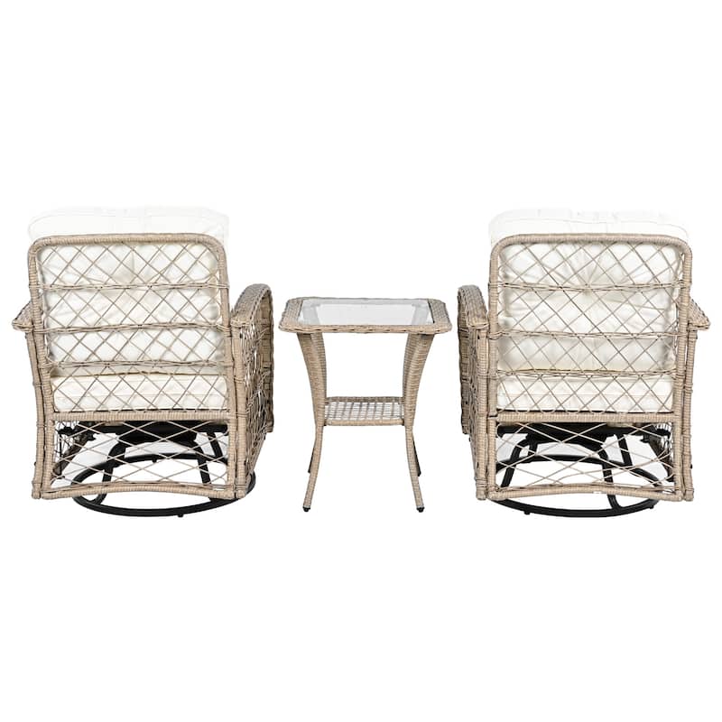 3-Piece Outdoor Chair Table Set Chat with Square Table & 2 Swiveling Chairs Set 2-person Rattan Seating Group for Garden