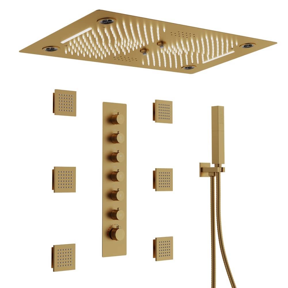 Thermostatic Muti-Fuctions Shower System Faucet Set 64 Color LED Mood Lighting Rainfall Shower Head with 6 Body Jets - 27"x16"