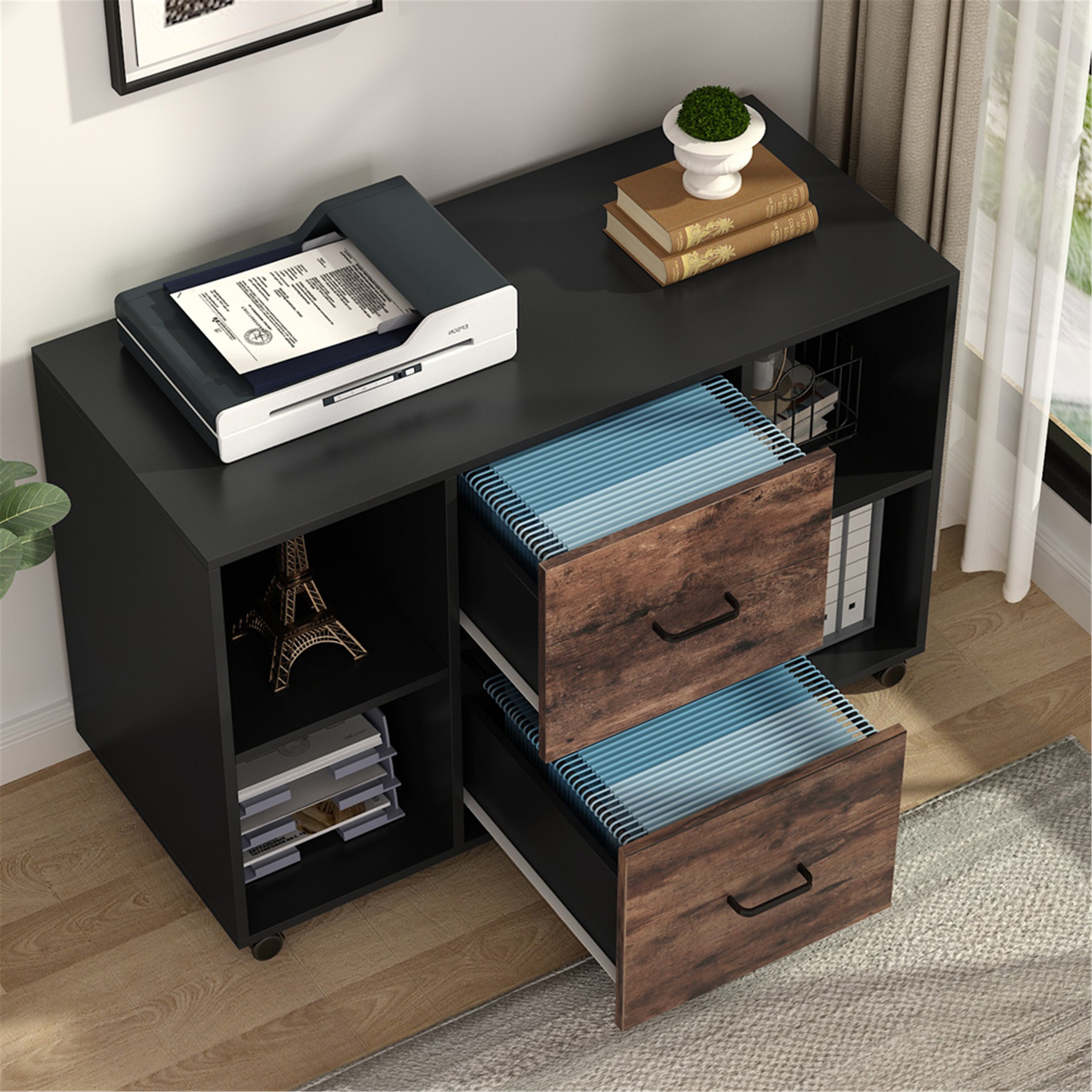 2 Drawer Mobile File Cabinet Home Office BHBL Locking Filing Cabinet Commercial Vertical Cabinet for A4 or Letter Size Hanging File Folders Black with Wheels 
