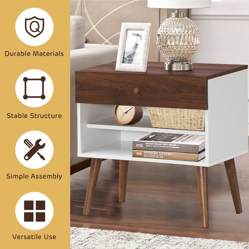 Costway Nightstand End Side Table Drawer Storage Shelf Mid-Century