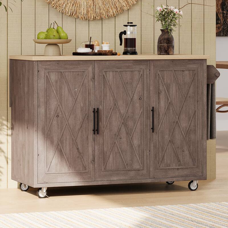 Rolling Kitchen Island with Internal Storage Rack, Drop Leaf Breakfast Bar, Storage Island Cart on Wheels with Drawers - Brown