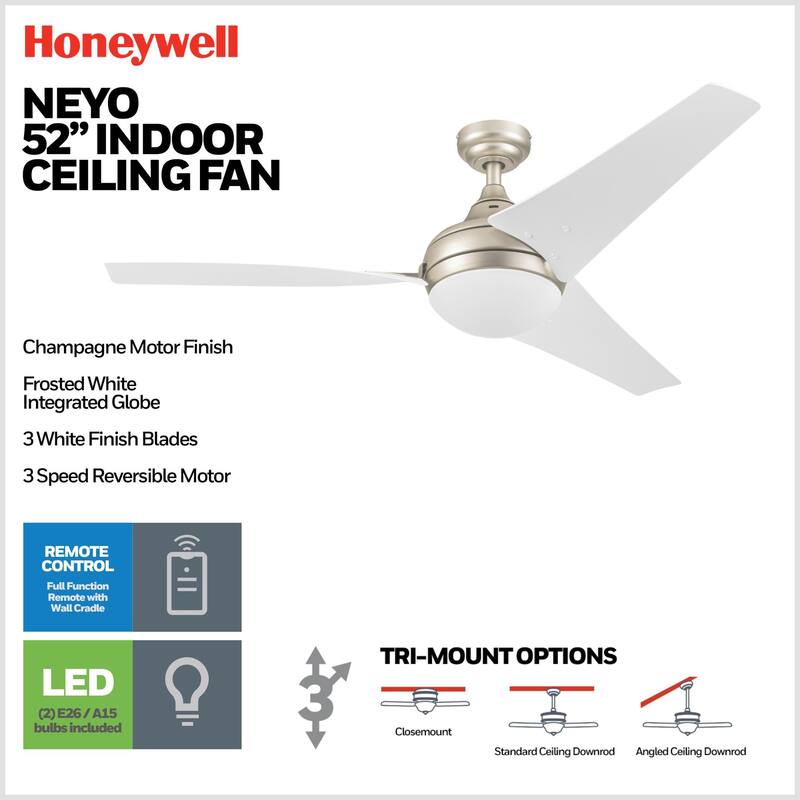 52" Honeywell Neyo Contemporary Indoor LED Ceiling Fan with Light, Remote Control
