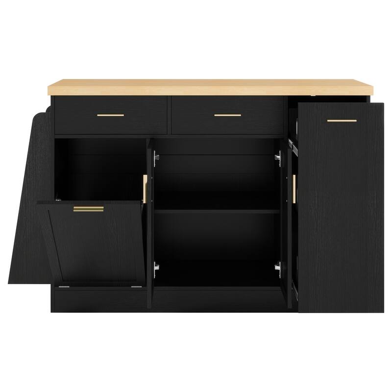 Kitchen Island, Multi-Functional Kitchen Sideboard - Storage Cabinet with Trash Can Holder, Sliding Door & 3-Tier Spice Rack