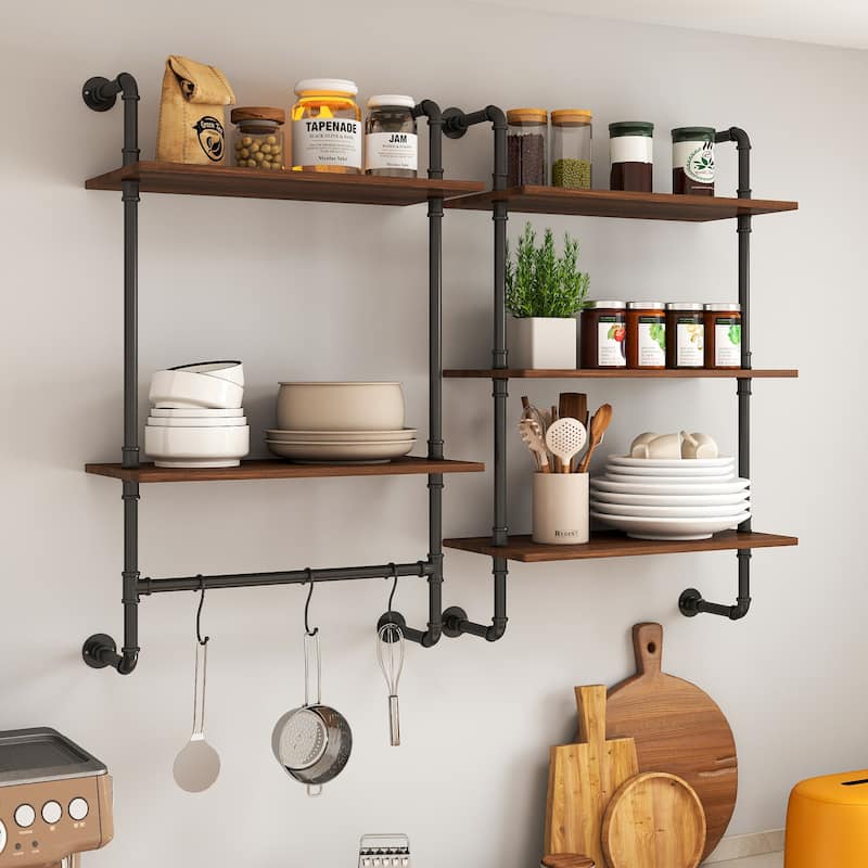 GDFStudio - Sara Industrial Wall-Mounted 3-Tier and 2-Tier Wood & Metal Floating Shelves