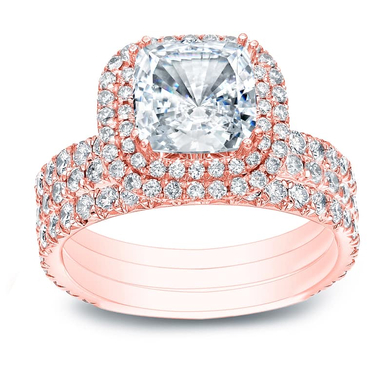 Auriya 2 1/2ctw Cushion-cut Halo Diamond Engagement Ring 3pc Set 14k Gold - Rose - 7