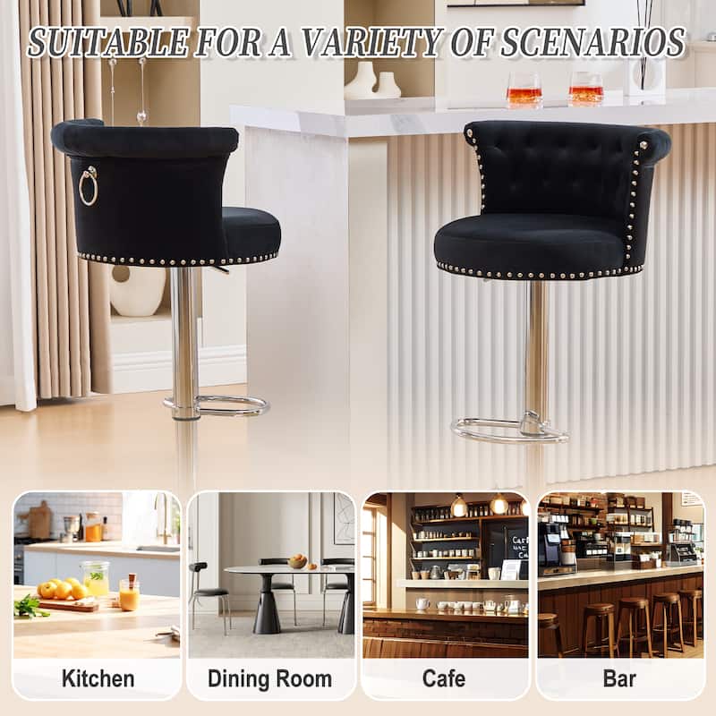 Velvet Upholstered Bar Stool Set of 2, Adjusatble Height Swivel Bar Stools, Dining Chairs with Curved Backrest & Footrest
