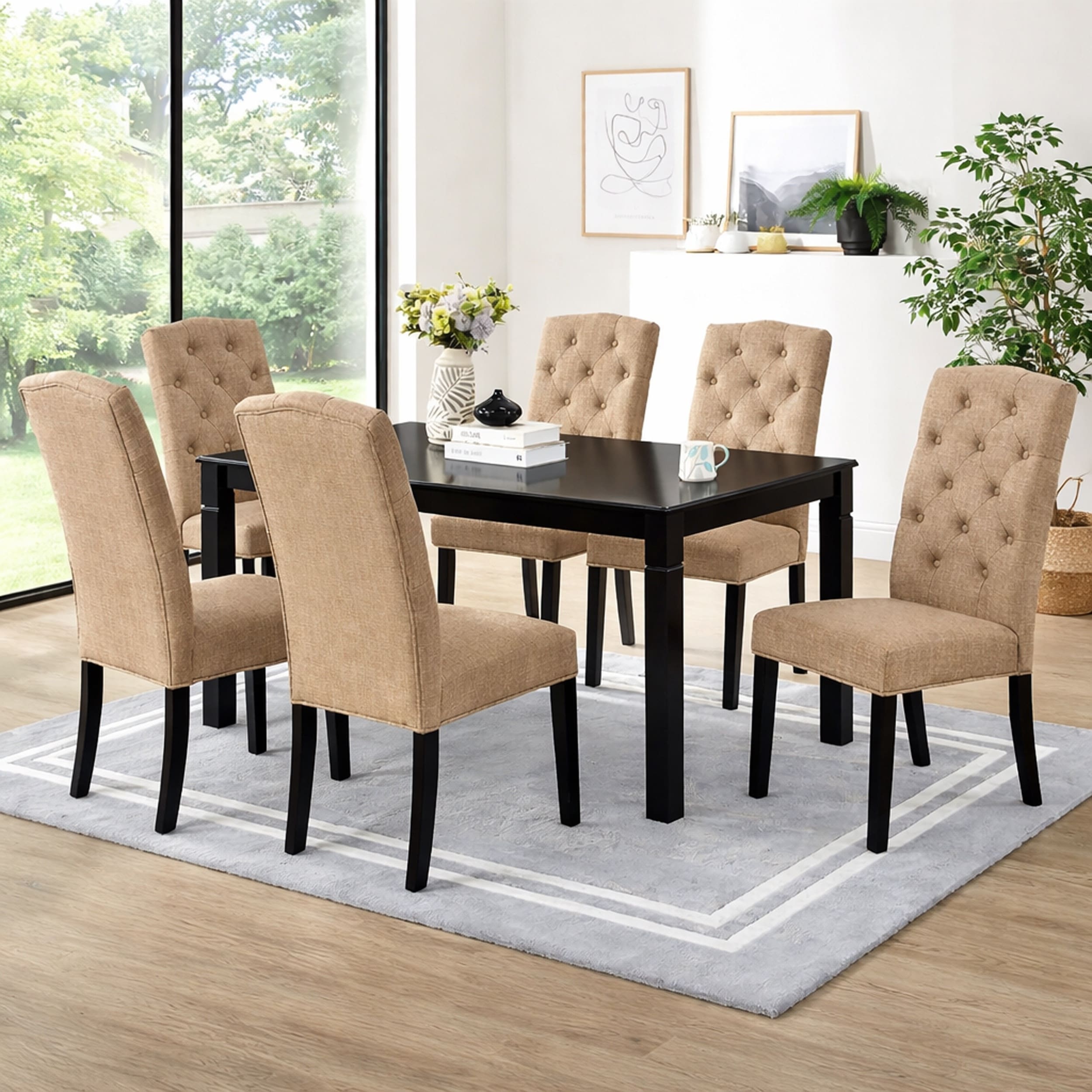 Modern 7-Piece 63 Inch Rectangular Dining Set, Black Finish with Sand Beige Polyester Upholstered Chairs, Solid Rubberwood