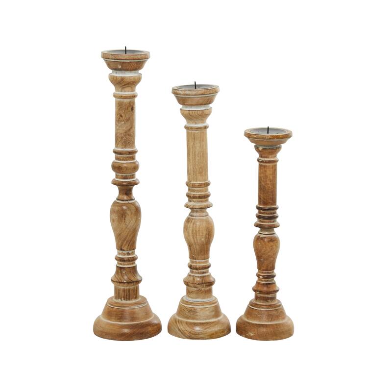 Brown Mango Wood Handmade Candle Holder with Turned Style (Set of 3)
