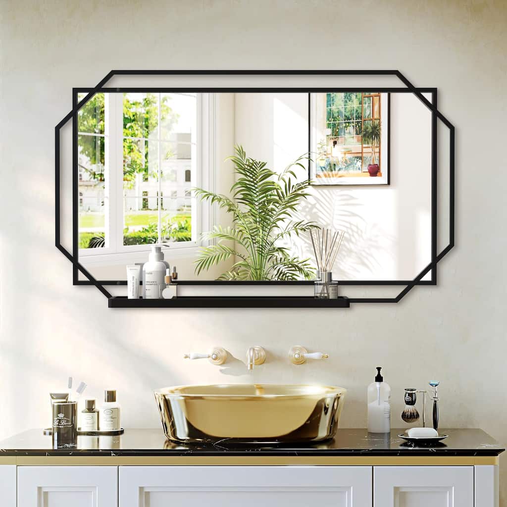 36 Ines Modern Vanity Mirror with Multi-functional Shelf, Large bathroom Mirror, Black Frame Decoration Mirror for Bathroom