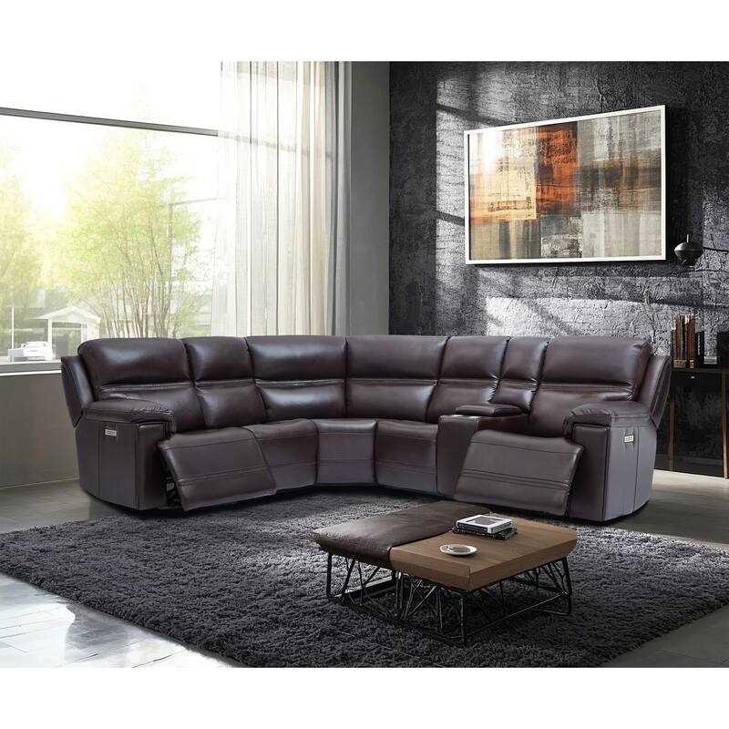 6PCS, 2 power Recliners, Dual-Power Genuine Leather Reclining Sectional with USB&Type-C Ports - Dark Brown
