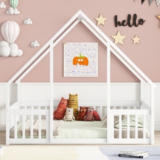 Full Floor House Bed with Fence,Guardrails for Home
