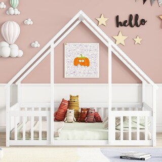 Full Pine Wood House-Shaped Floor Bed Frame w/Fence & Guardrails,White