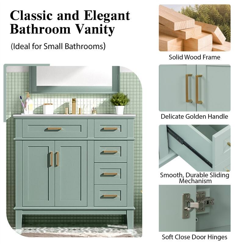 36" Bathroom Vanity with Ceramic Sink, Freestanding Bathroom Vanity Cabinet with 2 Soft Close Doors and 4 Storage Drawers