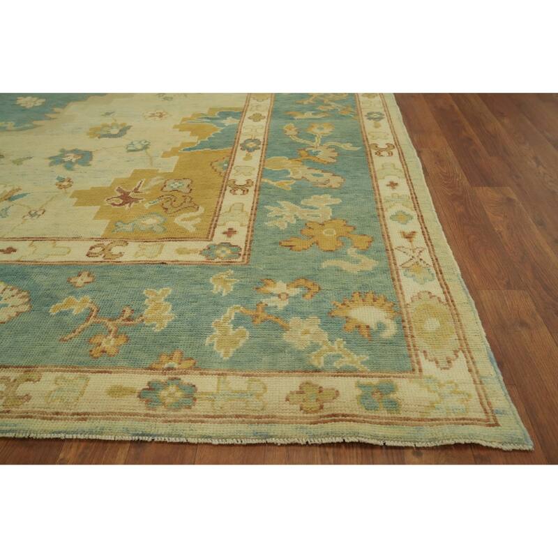 Vegetable Dye Blue Oushak Turkish Area Rug, Floral Geometric Carpet - 11' 10'' X 9' 0''