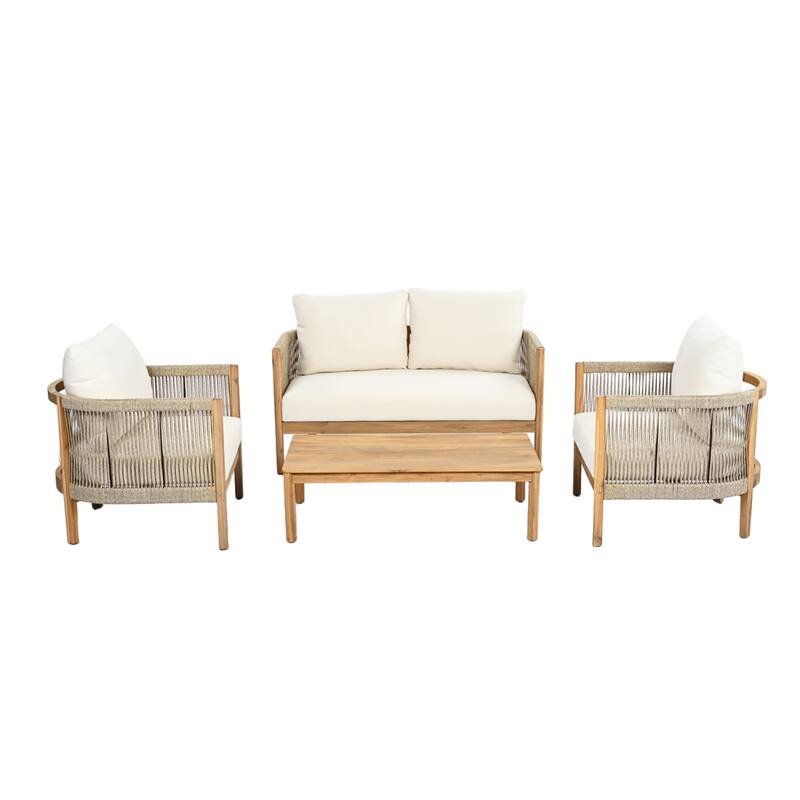 Christopher Knight Home - Amelie Outdoor 4-Piece Acacia Lounge Set - Loveseat, Club Chairs, & Coffee Table with Cushions