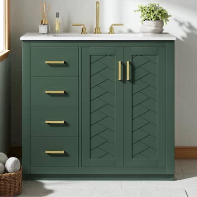 36" Bathroom Vanity with Ceramic Sink, Solid Wood & MDF Cabinet, 3 Drawers and 2 Soft-Close Doors, Freestanding Storage