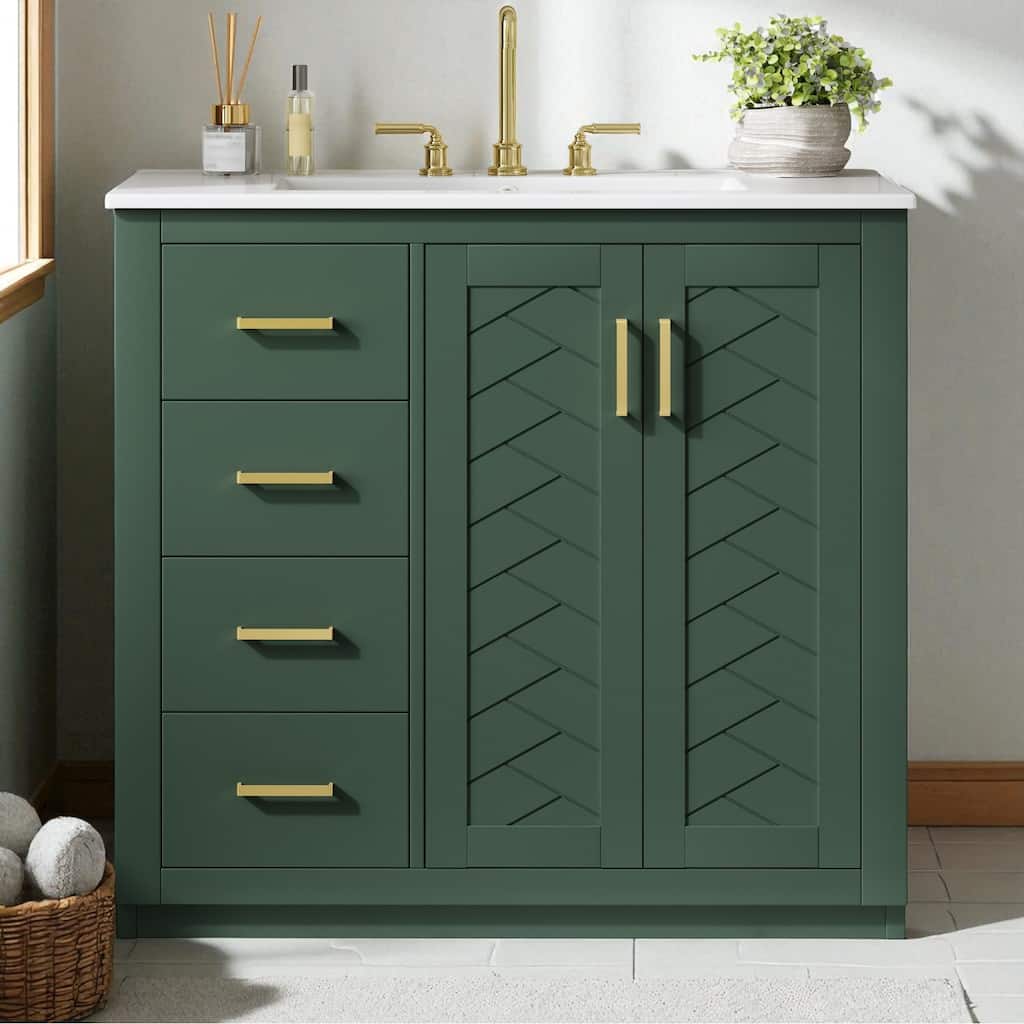 36" Bathroom Vanity with Ceramic Sink, Solid Wood & MDF Cabinet, 3 Drawers and 2 Soft-Close Doors, Freestanding Storage