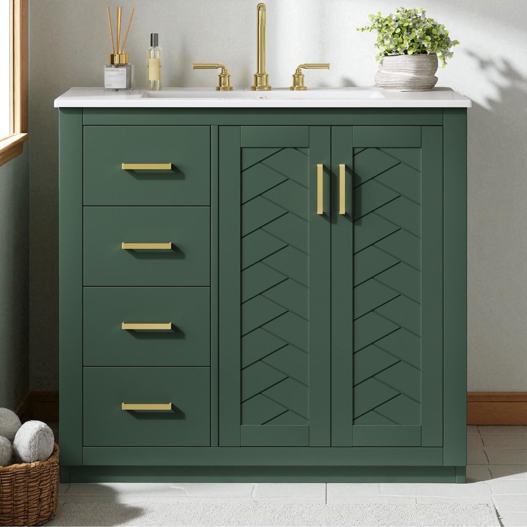 36" Bathroom Vanity with Ceramic Sink, Solid Wood & MDF Cabinet, 3 Drawers and 2 Soft-Close Doors, Freestanding Storage