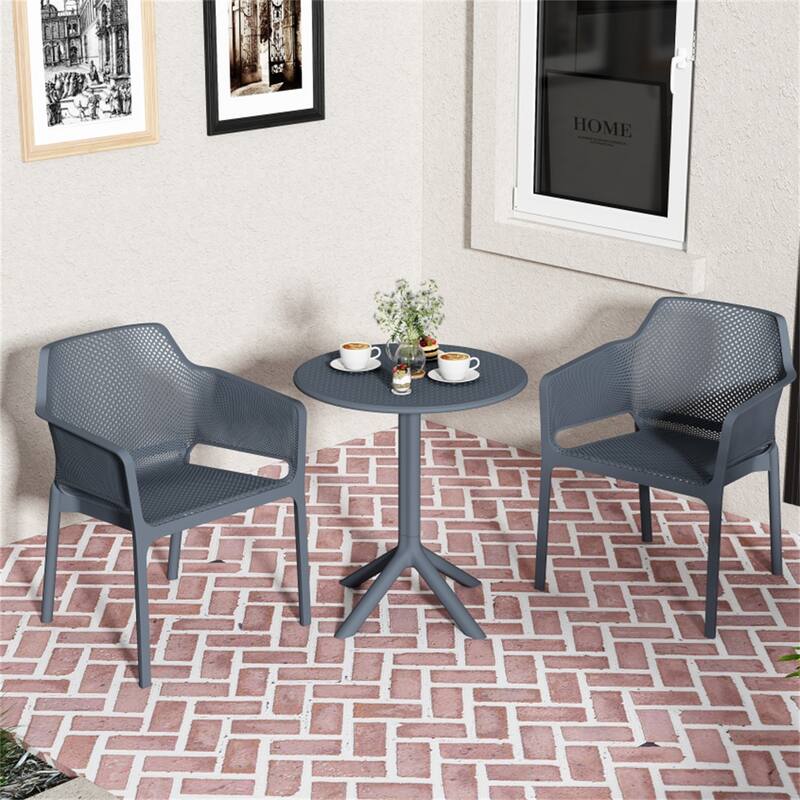 3 Piece Plastic Arm Chair Bistro with two Chairs and a Table - Charcoal