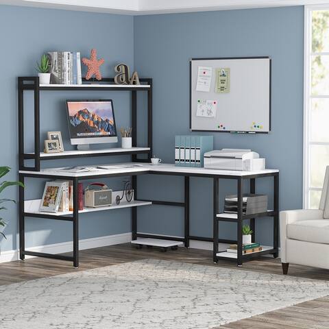 L Shaped Computer Desk with Hutch, L-Shaped Home Office Desk with Shelves and Moniter Shelf