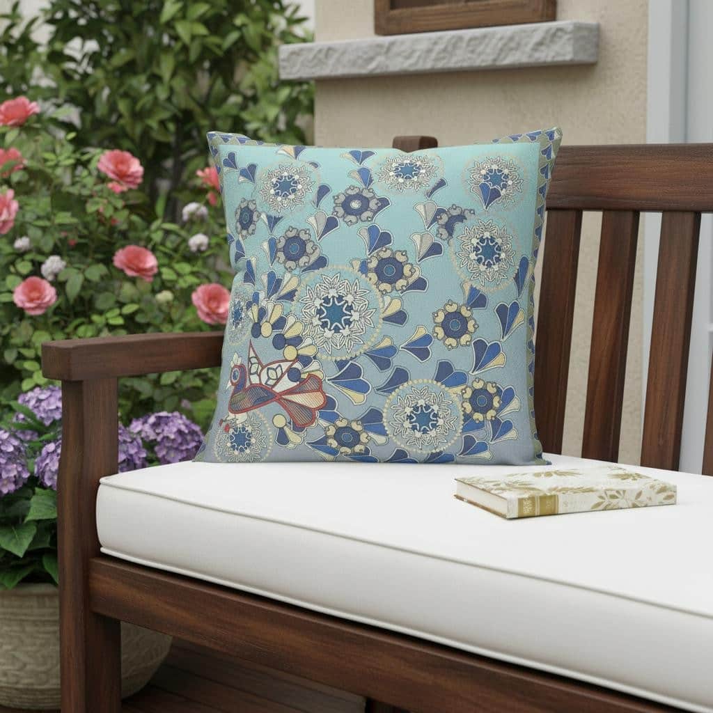 HomeRoots 18" x 18" Aqua Peacock Blown Seam Floral Indoor Outdoor Throw Pillow - 18.00' X '5.00' X '18.00