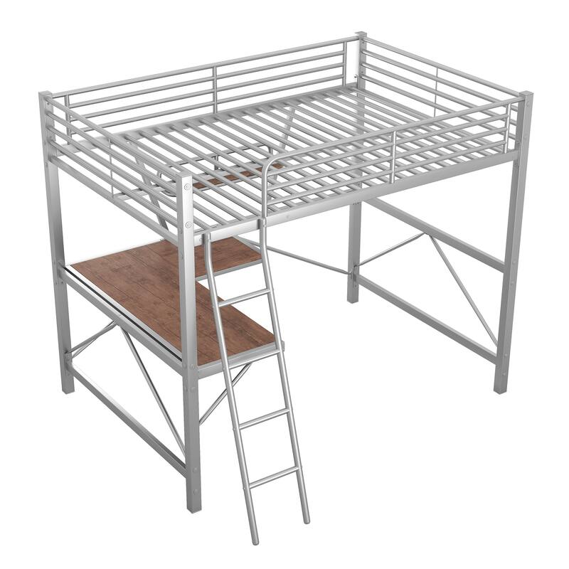 Full Metal Loft Bed with Desk and Guardrail