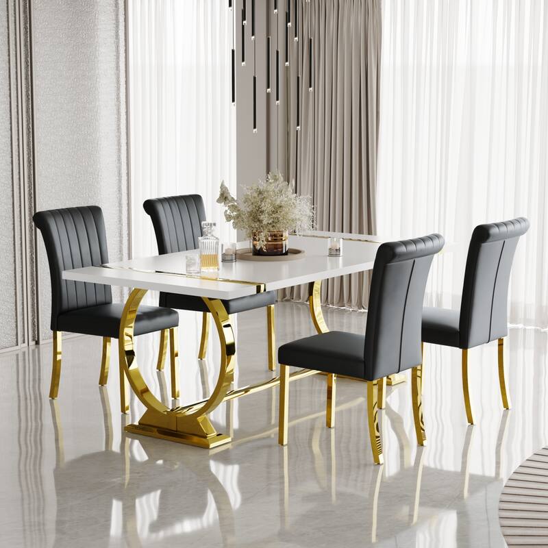 Modern White Dining Table with Polished Stainless Steel Circle Base
