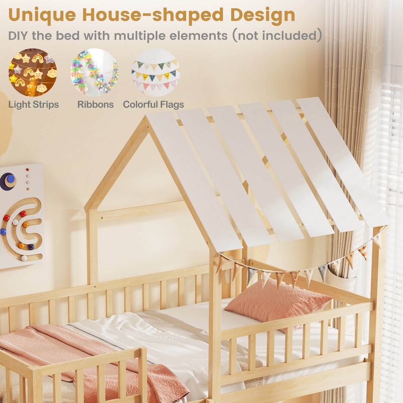 Costway Twin Over Twin House Bunk Bed with Roof, Ladder & Full-length