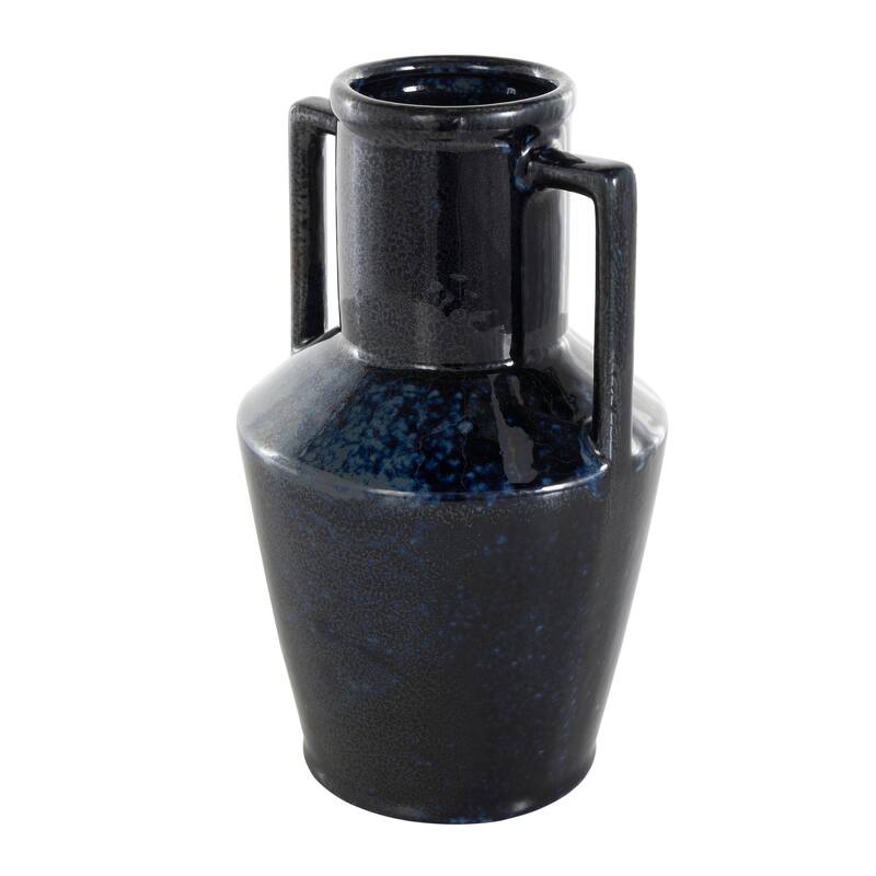 Dark Blue Ceramic Ombre Textured Decorative Vase with Rectangular Handles