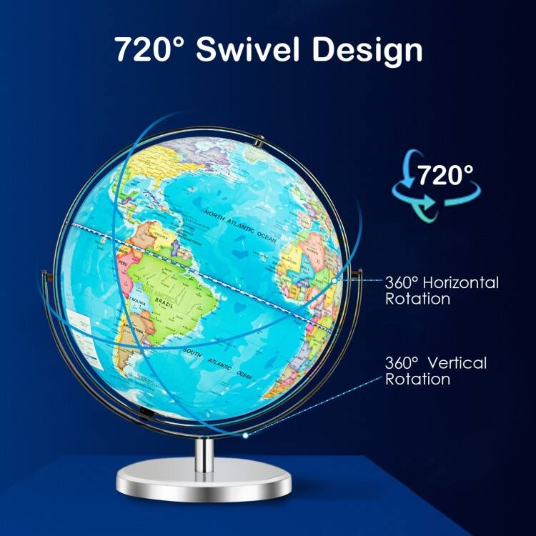 13 Inch LED Lighted World Globe 720 degree Rotation for Kids and Decor - 8" x 13" x 16"