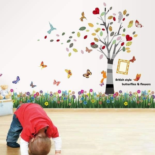 slide 2 of 5, Walplus Butterfly Grass Skirting Colorful Photo Tree Nursery Wall Sticker