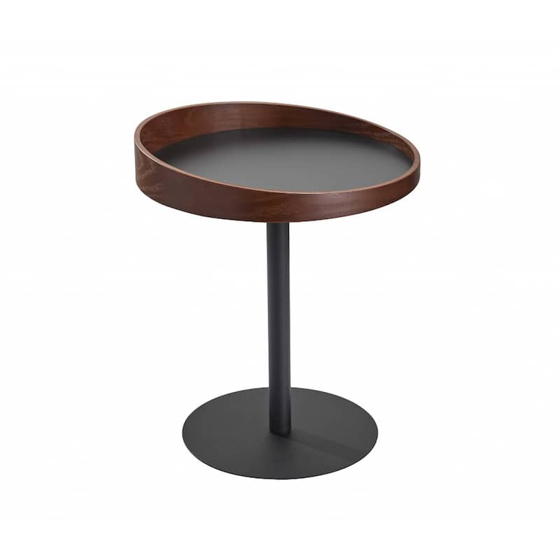 22 Inch Black Walnut Round End Table with Metal Pedestal Base - 18" x 18" x 21.50" - Black-Walnut