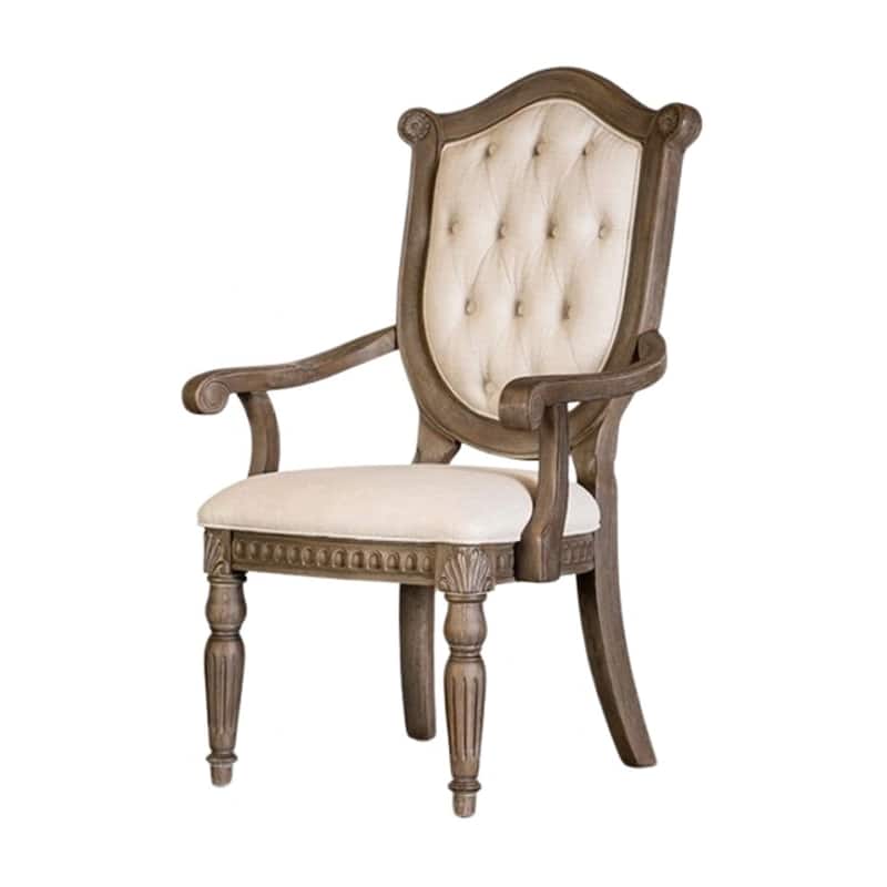 Hama Dining Armchair Set of 2, Weathered Oak Wood, Tufted Beige Fabric