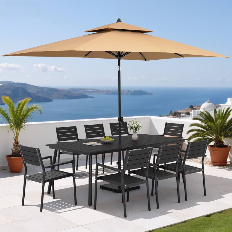 11PC Outdoor Patio Dining Set Aluminum Table with Stackable Armchairs w/ Premium Market Umbrella Sets - BlackTable&BlackChairs&TanUmbrella