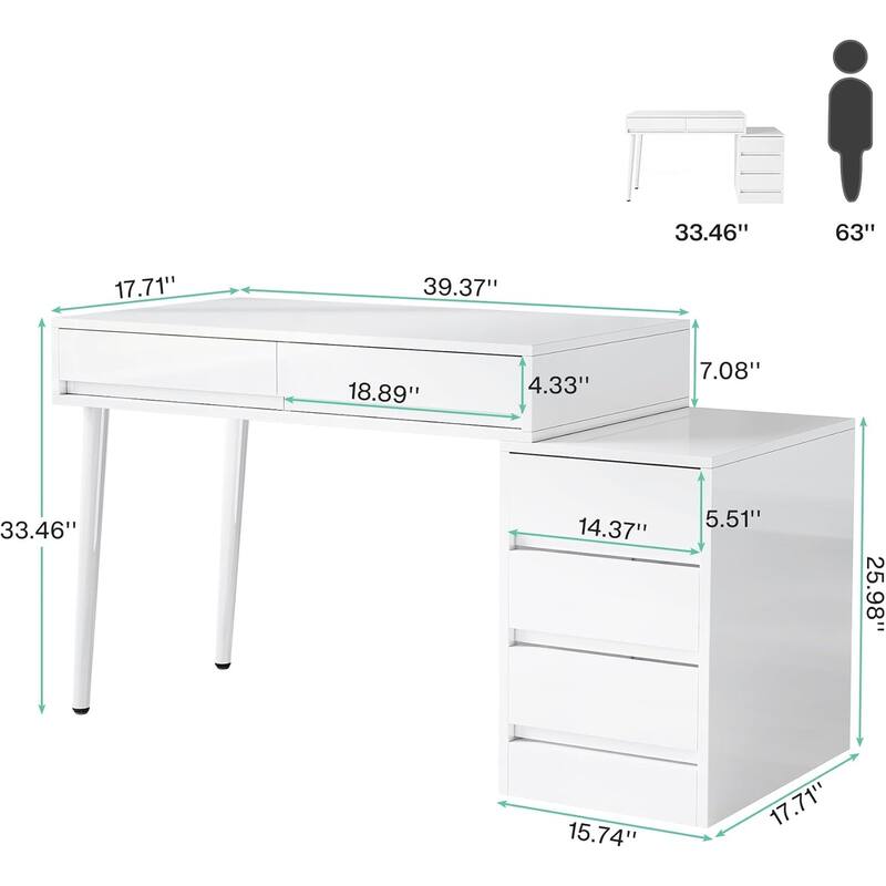 39" Modern White Desk with 5 Drawers & Printer Stand, Reversible Computer & Vanity Table