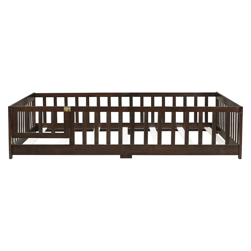 Full Size Floor Bed With Fence And Door,Rubber Wood Floor Bed With Safety Guardrails