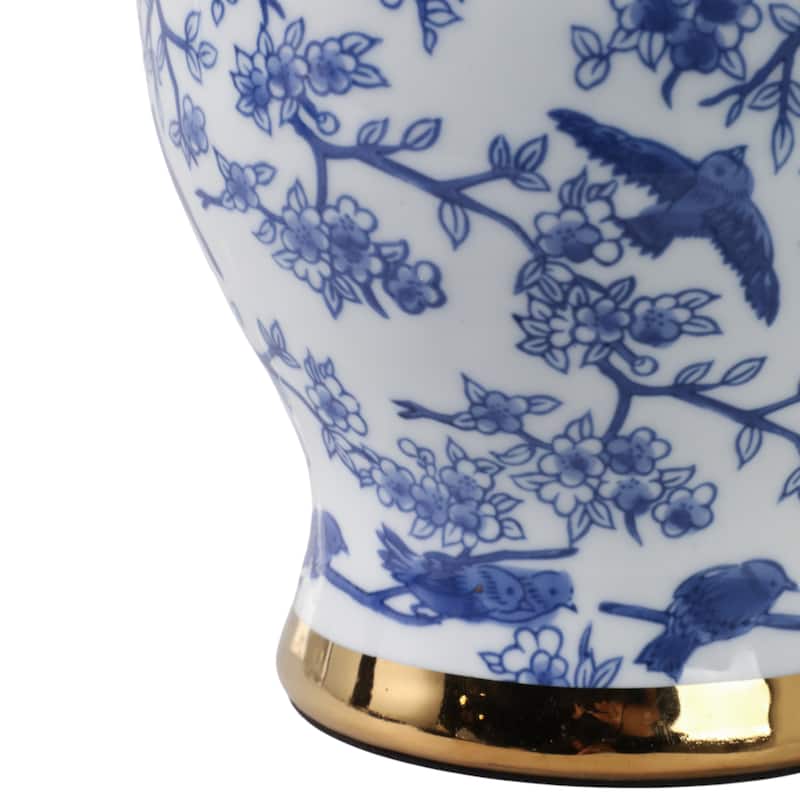 Ceramic Table Lamp Floral Bird Print with Accent Glam Decor - 19" Blue - 12" x 12" x 19"